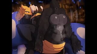 Bee-utiful babes banging bareback in every bloody crevice