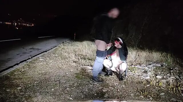 Humiliated slave trainee takes big dick facial on public road