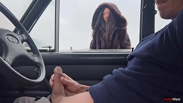 Huge cumshot facial after hot public handjob in outdoor car park with fur coat