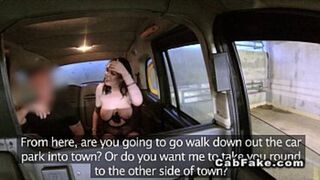 Amateur girl lusts for taxi ride blowjob; big tits feast on cum