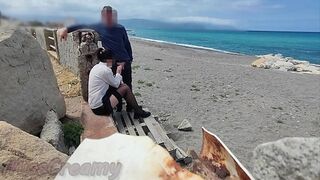 Dick Flash! Risky Blowjob on Beach: Stocking Teacher and Student Almost Caught! - MissCreamy