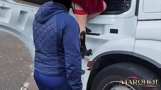 A slutty MILF shows off in a truck stop parking lot and gets fucked by a trucker