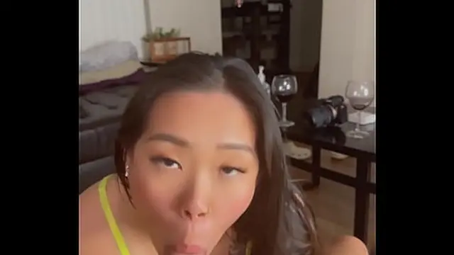 Asian slut in lingerie worshipping huge cock POV BLOWJOB CUMSHOT IN MOUTH
