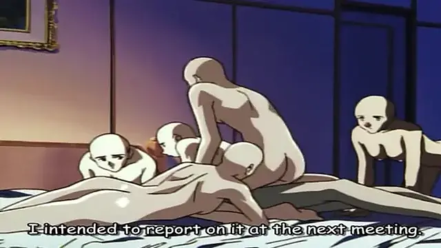 Busty anime girl in bondage gets double blowjobs and cums with big boobs