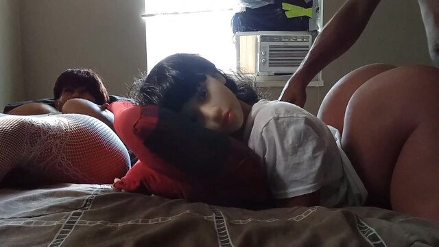 Phat assed Asian doll gets it from both sides while huge-booty Pawg doll