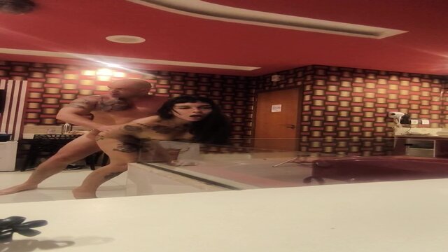 Curvy hottie and a enormous tool test BDSM guillotine chair in motel room