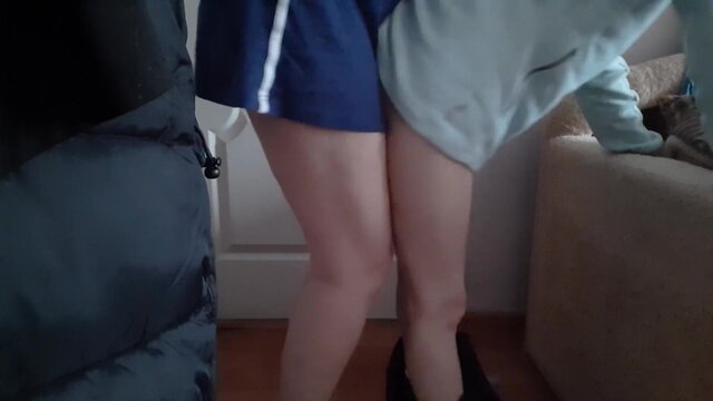 Hot brunette in mini-skirt gets railed doggy-style with a bottle