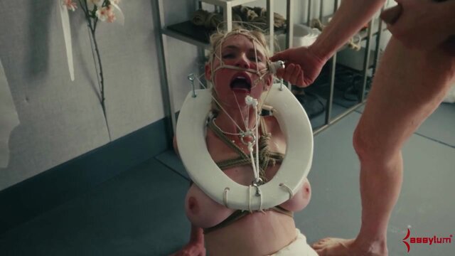 Aroused human toilet swallows loads and takes rough face banging and rear fucking