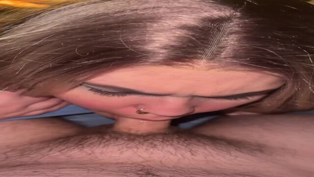 Amateur blonde girlfriend gives a wet and sloppy blowjob in POV style.