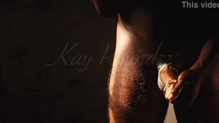 Amateur guy with a huge cock gives a sensual hand work and talks lewd